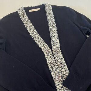 Tory Burch Ladies Navy Cardigan with Tweed Trim